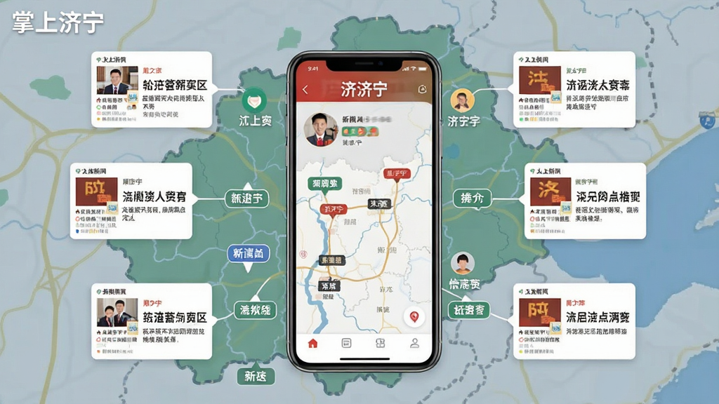 一张以济宁地图为底纹的界面示意图,地图上分布多个县区标签节点,每个节点连接新闻卡片,画面主体为手机界面与地图结合,布局居中,风格扁平化信息图,细节包含“掌上济宁”字样与县区名称标识,画质清晰、干净、无多余元素