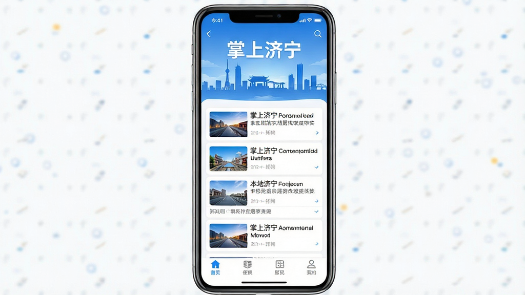 手机屏幕居中展示“掌上济宁”客户端首页新闻列表界面,画面布局为上中下三层结构,上层为济宁城市天际线剪影与“掌上济宁”文字标识,中层为整齐排列的新闻卡片列表,下层为底部导航栏图标,整体风格清爽现代、蓝白配色,细节上体现本地新闻与便民服务入口,画质清晰干净、无多余装饰元素