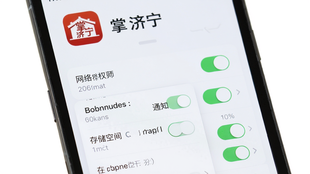 手机界面展示“掌上济宁”应用设置页与权限管理弹窗,画面主体为手机屏幕特写,布局为上下结构,上方为应用图标与名称,下方为权限开关列表,风格简洁明快,细节包含网络权限、通知权限开关与存储空间提示,画质清晰、干净、无多余元素