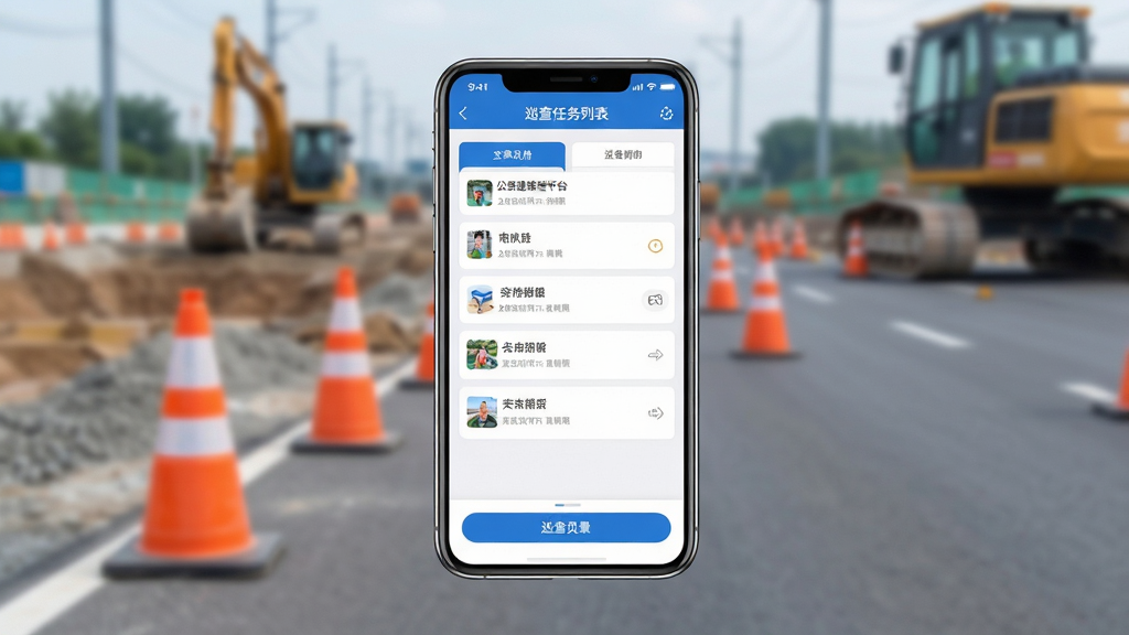 主体为一台竖屏安卓手机展示公路建设管理平台手机端软件的巡查任务列表界面,布局采用居中构图手机悬浮于画面上方,背景为虚化的公路施工现场与橙色安全锥桶,排版简洁突出手机屏幕内容,风格为现代商务科技感,细节包含手机边框高光、界面卡片式布局、蓝色主色调按钮,画质清晰锐利、干净无多余元素