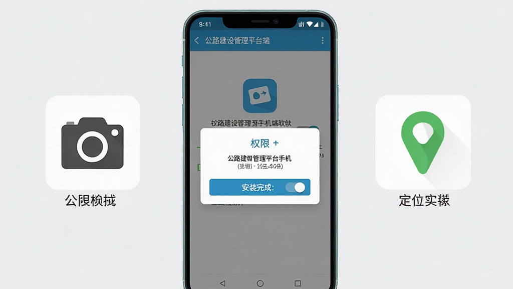 主体为安卓手机屏幕显示公路建设管理平台手机端软件的权限授权弹窗与安装完成界面,布局为手机居中、左右两侧分别列出相机与定位权限图标,背景为浅灰色简洁底纹,排版清晰直观,风格为教程图解风,细节包含权限开关按钮、应用图标、安装进度提示,画质干净、无多余元素