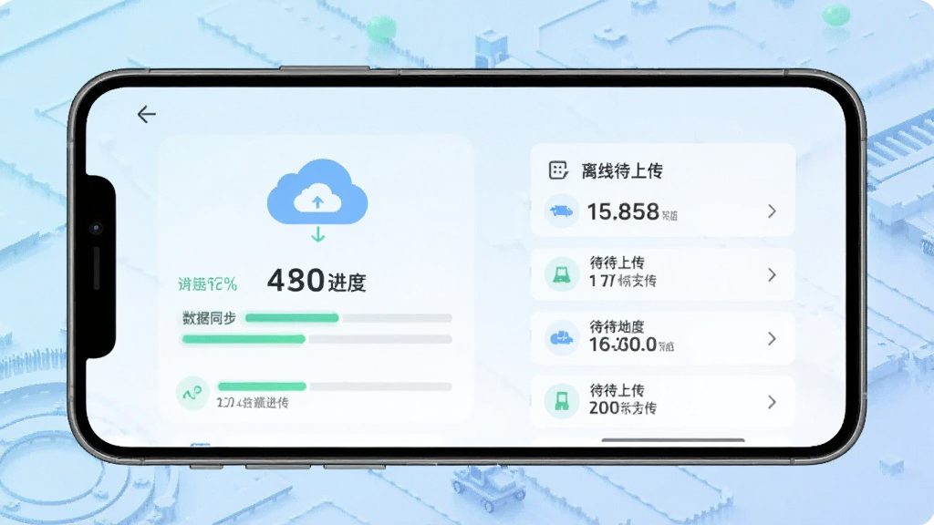 主体为手机屏幕显示公路建设管理平台手机端软件的数据同步进度条与离线待上传列表,布局为手机正面平铺画面中央,背景为淡蓝色渐变科技纹理,排版左右对称,风格为扁平化信息图表风,细节包含云朵同步图标、进度百分比数字、待上传条目卡片,画质清晰、干净无多余元素