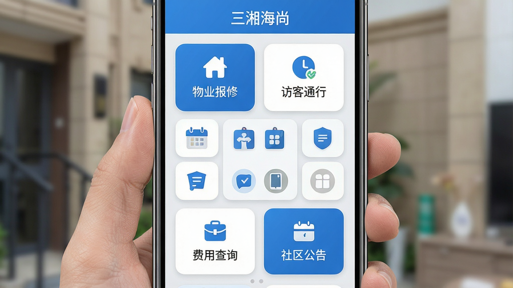手机屏幕展示社区服务应用界面,主色调为蓝白色,页面包含物业报修、访客通行、费用查询、社区公告四个功能卡片,布局为上下排列加中间功能图标网格,风格简洁现代扁平化,细节包含圆角图标和浅灰背景分隔线,画质清晰干净无多余元素,屏幕上方显示“三湘海尚”字样