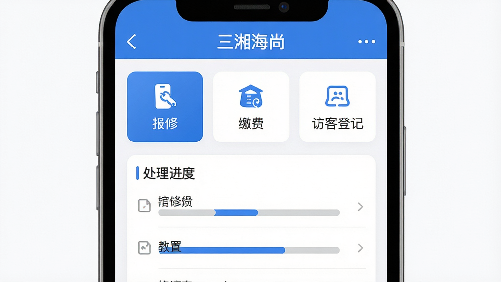 手机应用界面展示物业办事大厅页面,顶部为“三湘海尚”标题栏,中部为报修、缴费、访客登记三个大按钮横向排列,下方为处理进度列表,风格为清爽浅色商务风,细节包含蓝色主按钮和灰色进度条,画质清晰干净无多余元素