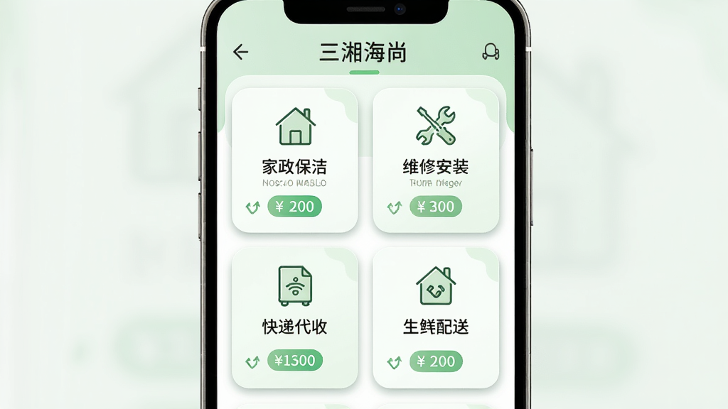 手机屏幕展示社区周边服务聚合页面,页面分为家政保洁、维修安装、快递代收、生鲜配送四个服务板块,每个板块配有简洁图标和价格标签,布局为两列网格排列,风格为清新浅色圆角卡片风,细节包含柔和阴影和绿色点缀,画质清晰干净无多余元素,顶部显示“三湘海尚”