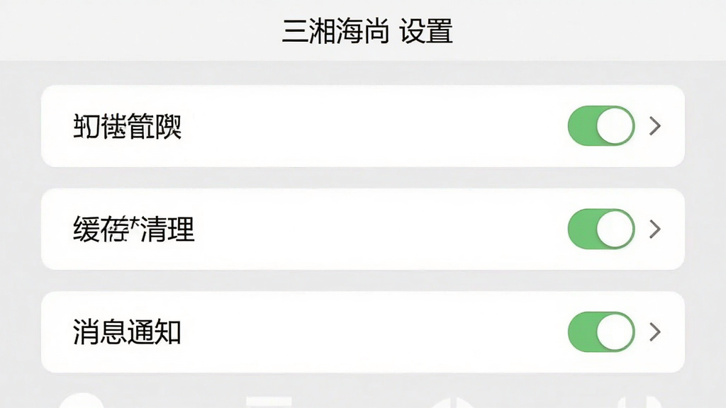 手机应用设置页面截图风格示意图,展示权限管理、缓存清理、消息通知三个设置选项,界面为浅灰色背景配白色卡片,风格简约实用,细节包含开关按钮和箭头指示,画质清晰干净无多余元素,页面顶部标注“三湘海尚 设置”