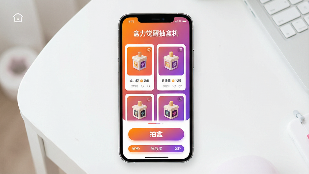 一张手机应用界面展示图,画面中央是一部竖屏智能手机,屏幕内显示盲盒抽盒机应用首页,顶部有“盒力觉醒抽盒机”字样,页面布局包含盲盒卡片列表、抽盒按钮与概率提示条,整体采用明亮活泼的橙紫渐变配色,背景为干净的浅色桌面,风格为现代扁平化UI设计,细节清晰,画质高清,画面干净无多余元素