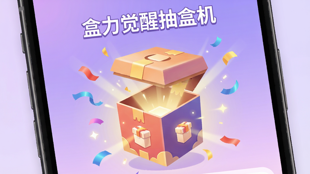 一张应用功能展示图,画面为手机屏幕特写,屏幕中显示盲盒开盒动画界面,中央是一个正在打开的方形盲盒,周围有光效与彩带,屏幕上方标注“盒力觉醒抽盒机”名称,背景为柔和渐变紫色,风格为精致的移动端UI插画,细节丰富,画质清晰,画面干净
