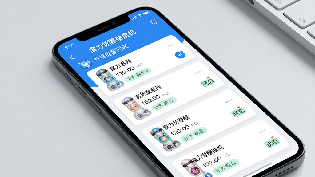 一张功能界面展示图,画面为手机应用的通知与提醒页面,屏幕中显示“盒力觉醒抽盒机”补货提醒列表,包含多个盲盒系列的补货时间与状态标签,界面采用卡片式布局,配色为清爽的蓝白搭配,背景为简洁的浅灰桌面,风格为现代移动端UI设计,细节清晰,画质高清,画面干净无杂乱元素