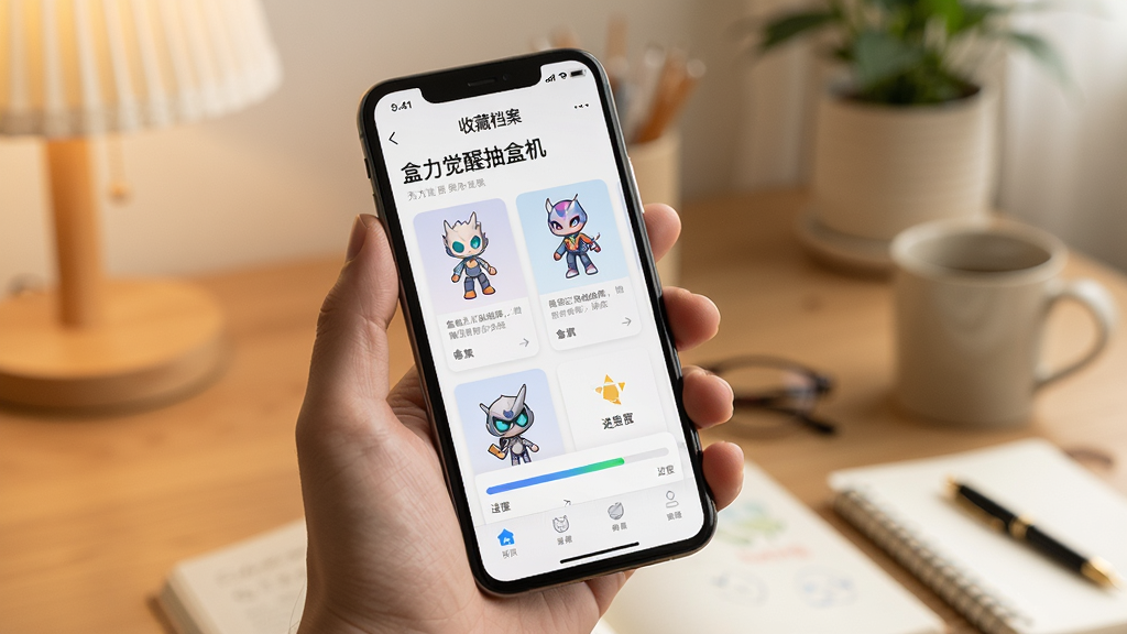 一张手机应用使用场景图,画面为一只手握持智能手机,屏幕中显示“盒力觉醒抽盒机”的收藏档案页面,页面内排列着多个盲盒款式卡片与进度条,背景为温馨的室内桌面环境,风格为写实生活摄影风,光线柔和,细节清晰,画质高清,画面干净整洁