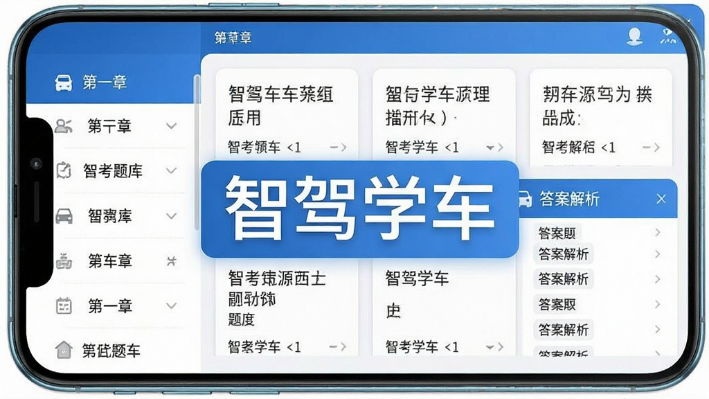 手机屏幕显示驾考题库章节列表页面,左侧为章节导航栏,右侧为题目卡片与答案解析区域,界面配色为蓝白相间,画面中央突出“智驾学车”应用名称,布局为左右分栏排版,风格简洁商务,细节清晰,画质干净高清