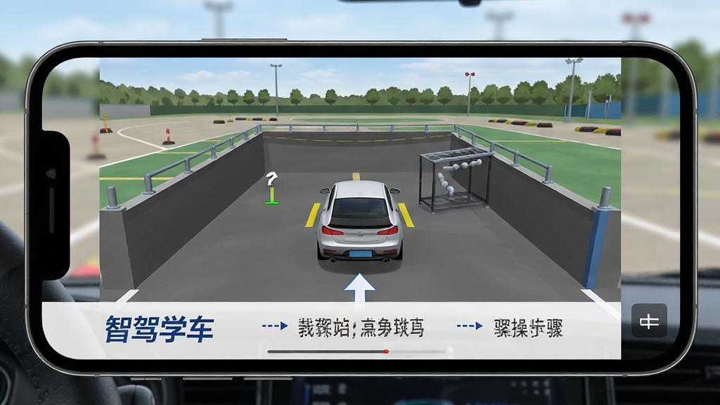手机横屏播放驾考实操教学视频,画面中显示车辆倒车入库示意动画,屏幕下方有“智驾学车”标识与操作步骤文字标注,背景为训练场环境,布局为视频播放器居中,风格写实教学,细节清晰,画质高清,干净无多余元素