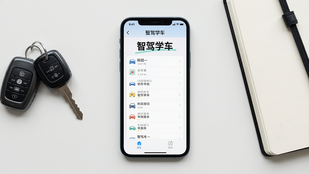 一部智能手机竖屏展示驾考学习应用界面,屏幕中央是科目一题库练习页面,上方显示“智驾学车”字样,背景为干净浅色桌面,旁边摆放汽车钥匙与笔记本,整体布局居中对称,风格清爽现代,细节清晰,画质高清,干净无多余元素