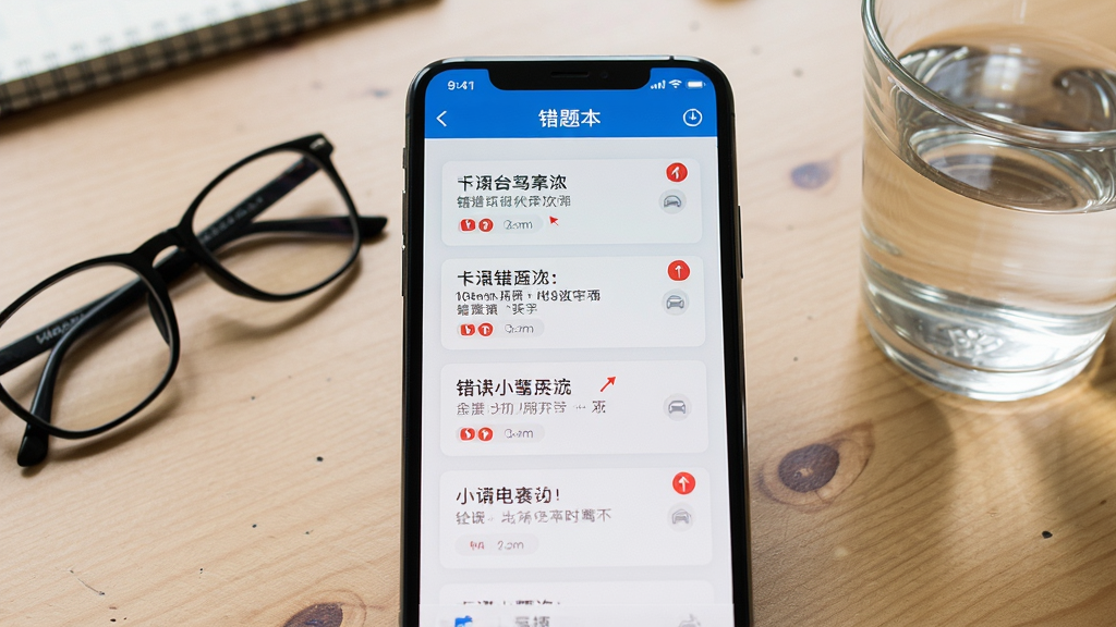 手机屏幕显示驾考应用错题本页面,题目卡片按错误次数排列,界面有红色标记提示,旁边放置一副眼镜与一杯水,布局为手机居中特写,风格生活化学习场景,细节清晰,画质高清,干净整洁