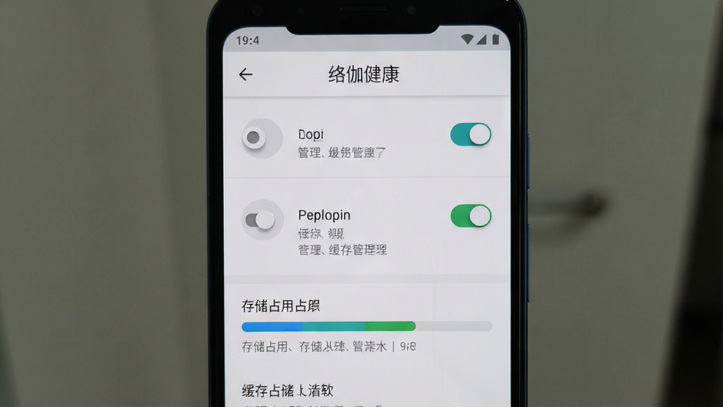 手机应用设置页面展示,主体为一部安卓手机,屏幕显示权限管理与缓存清理设置界面,页面顶部有