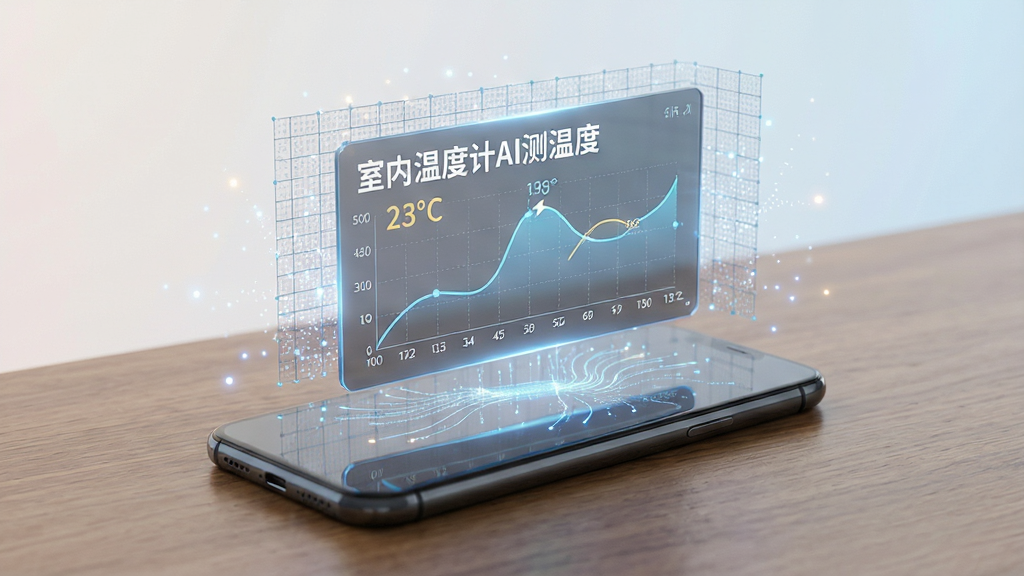 一张表现AI算法测算温度的科技感图片,画面主体为一部平放在木质桌面上的手机,手机上方悬浮着半透明的数据面板,面板中显示“室内温度计AI测温度”字样与温度曲线图形,周围环绕着细密的网格线与光点粒子,背景为浅色渐变,布局以上下居中为主,风格现代科技,细节包含数据流光效与屏幕反光,画质干净清晰,无杂乱元素