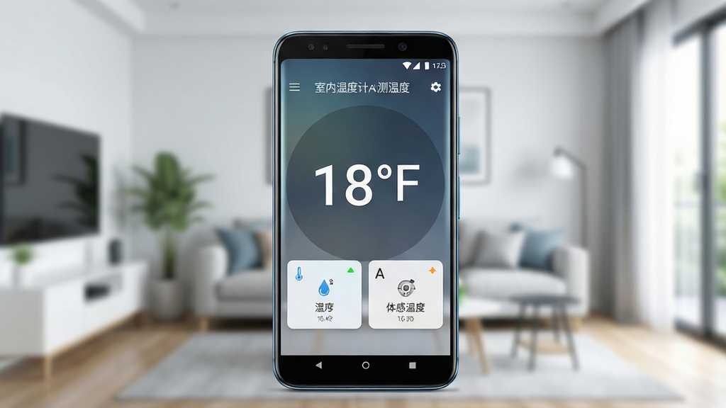 一张展示智能手机屏幕的写实风格图片,画面中央是一部竖屏摆放的安卓手机,手机屏幕上显示“室内温度计AI测温度”应用主界面,界面中央是大号数字温度读数,下方配有湿度与体感温度小卡片,背景为虚化的现代家居客厅环境,色调清爽明亮,布局居中对称,风格简约科技感,细节包含手机边框反光与屏幕微光,画质清晰干净,无多余元素