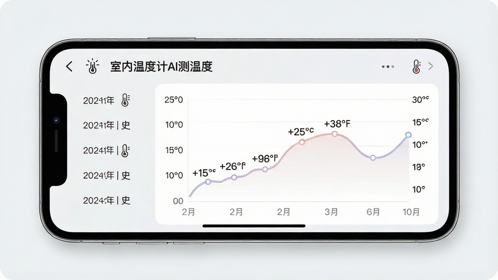一张展示手机应用历史记录页面的图片,画面为一部横放的手机,屏幕上显示“室内温度计AI测温度”的历史温度列表与折线趋势图,图表线条柔和,背景为浅灰白色,布局以屏幕内容为主体居中展示,风格简洁商务,细节包含日期标签与温度数值标注,画质清晰干净,无多余装饰元素