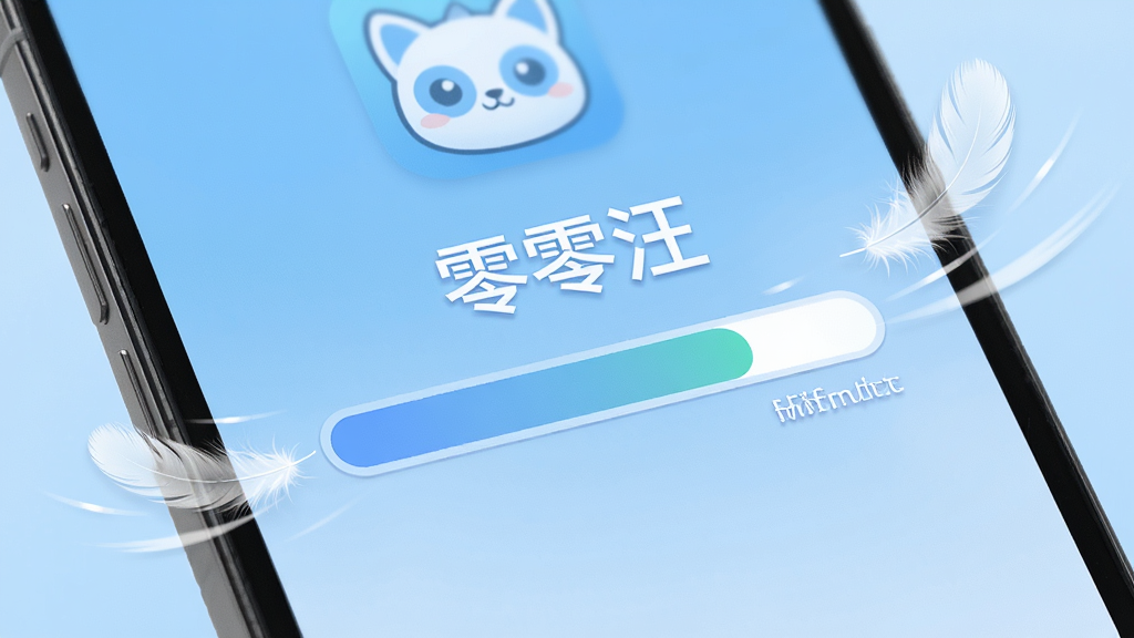 一部手机屏幕上展示“零零汪”应用安装进度条即将完成的特写画面,旁边有轻盈的羽毛与速度线条元素,背景为干净的浅蓝色,风格清爽明亮,细节清晰,画质干净高清