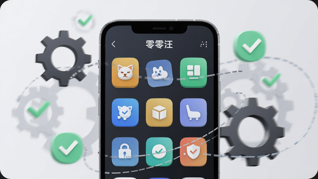 画面展示“零零汪”应用内功能模块的抽象示意图,手机屏幕中呈现多个整齐排列的功能图标,周围环绕着齿轮与对勾符号,背景为柔和浅灰色,风格简洁商务,细节清晰,画质干净高清