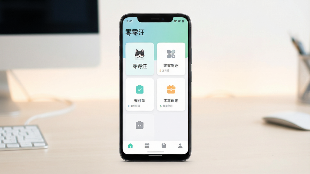 一幅展示零零汪手机应用主界面的场景图,画面中央是一部竖屏安卓手机,屏幕上显示简洁清爽的应用主页面,顶部有应用名称“零零汪”字样,中部为功能卡片式布局,底部为导航栏,背景为浅色渐变桌面环境,风格现代简约,细节清晰,画质干净高清,无多余元素