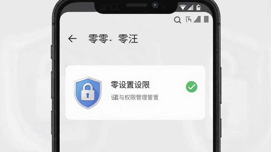 一部安卓手机屏幕显示“零零汪”应用设置与权限管理界面的示意图,画面中有盾牌图标与对勾标记,背景为淡灰色,风格干净简约,细节清晰,画质高清,无多余元素