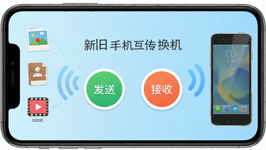 一台智能手机屏幕中央显示「新旧手机互传换机」软件主界面,界面中有醒目的「发送」与「接收」两个圆形按钮,背景为浅蓝色渐变,画面右侧有一部旧手机通过无线信号波纹向左侧新手机传输照片、联系人、视频等文件图标的示意,整体布局左右对称、主体突出,扁平化UI插画风格,细节清晰、色彩干净明快,画质高清、无多余元素