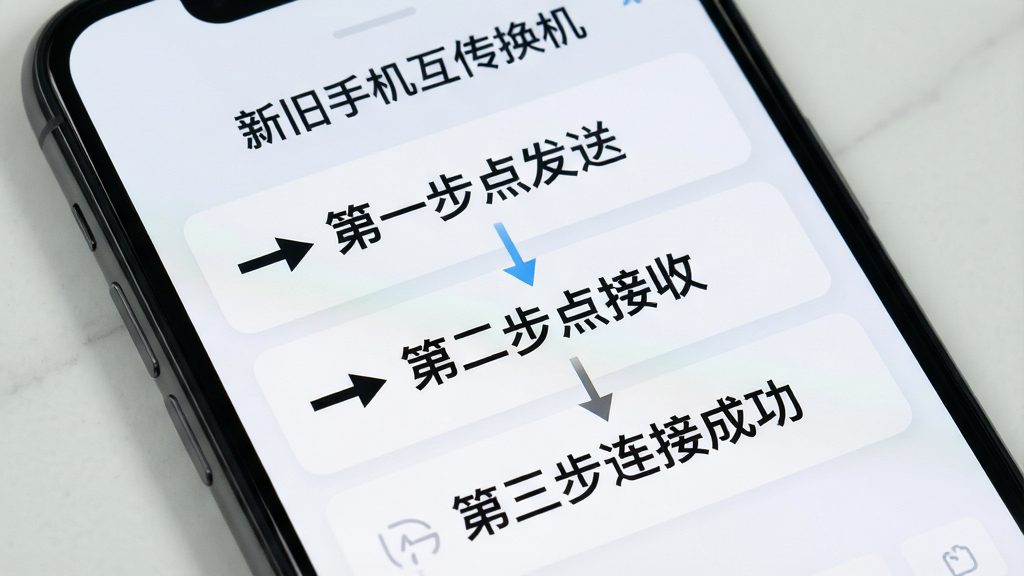 手机屏幕特写,画面中展示「新旧手机互传换机」软件的操作引导界面,界面用大号字体和箭头标注「第一步点发送」「第二步点接收」「第三步连接成功」三个步骤,背景为浅色卡片式布局,风格清新简约,细节清晰、画质高清、无多余装饰元素