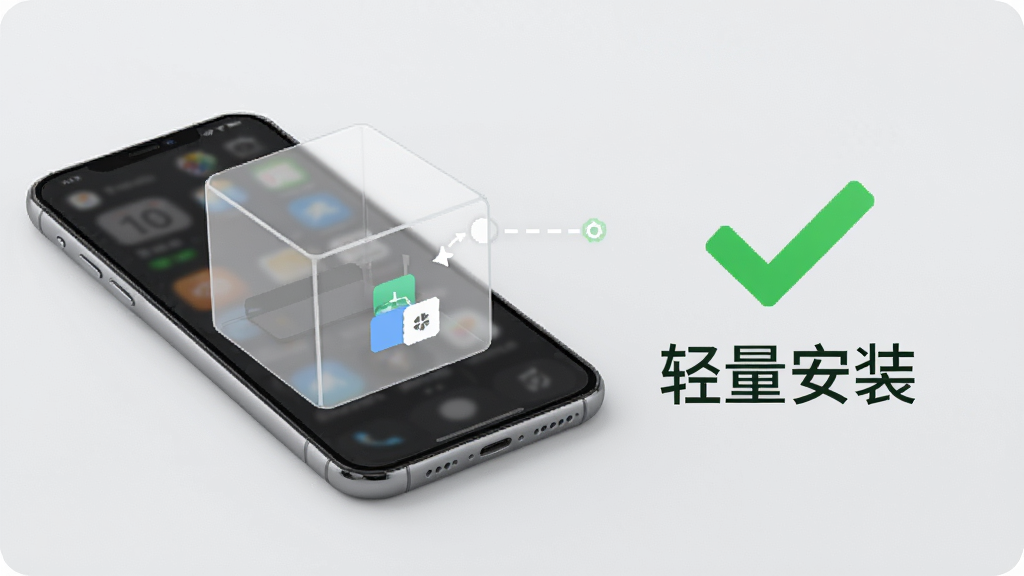 一部手机旁边放置一个半透明的存储空间示意图,图中显示软件安装包体积很小、占用空间极少,画面右侧用绿色对勾标注「轻量安装」,背景为浅灰色极简风格,构图干净、重点突出,画质高清、无多余元素
