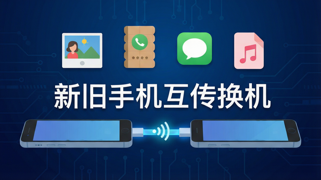 两部手机近距离放置,中间以一条发光的无线数据通道相连,通道上方漂浮着照片、通讯录、短信、音乐等文件图标,背景为深蓝色科技感渐变,画面中央用白色字体标注「新旧手机互传换机」,扁平插画风格,构图简洁、层次分明,画质高清、干净无杂乱元素