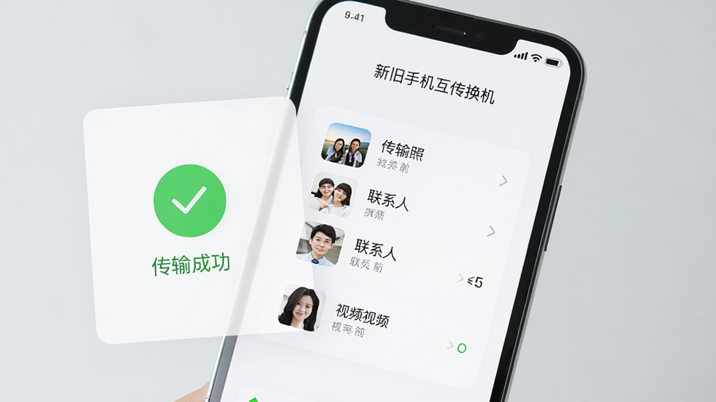手机屏幕显示「新旧手机互传换机」传输完成界面,界面上有绿色对勾和「传输成功」字样,旁边列出已传输的照片、联系人、视频数量统计,背景为浅色简洁卡片布局,风格清爽、细节清晰、画质高清、无多余元素