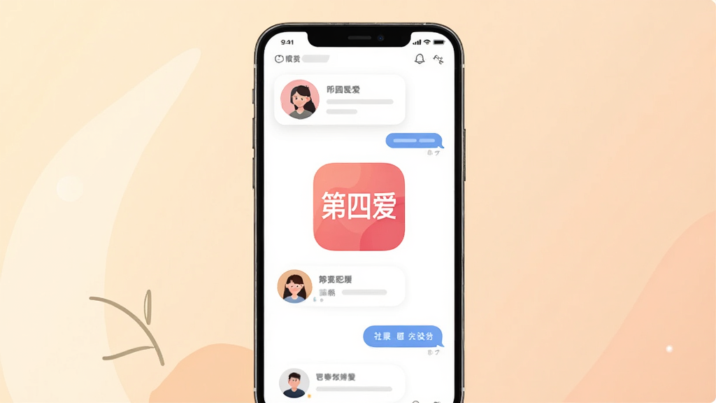 一部智能手机屏幕中央显示“第四爱”应用图标与社交匹配界面,柔和暖色调背景,主体为手机与界面布局,居中排版,现代扁平插画风格,细节包含用户头像卡片与聊天气泡,画面干净简洁,高清画质,无多余元素