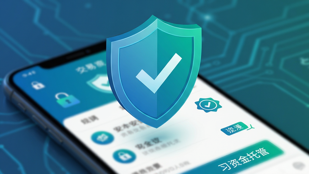 画面主体是一个盾牌形状的安全图标悬浮在手机交易界面之上,盾牌内部有对勾符号,象征平台担保;布局上盾牌居中偏上,手机界面在下方虚化衬托;排版突出安全主题,视觉重心集中在盾牌;风格为科技安全风,蓝绿色调;细节包含锁形图标、认证徽章、资金托管文字标签;画质高清,干净,无多余元素