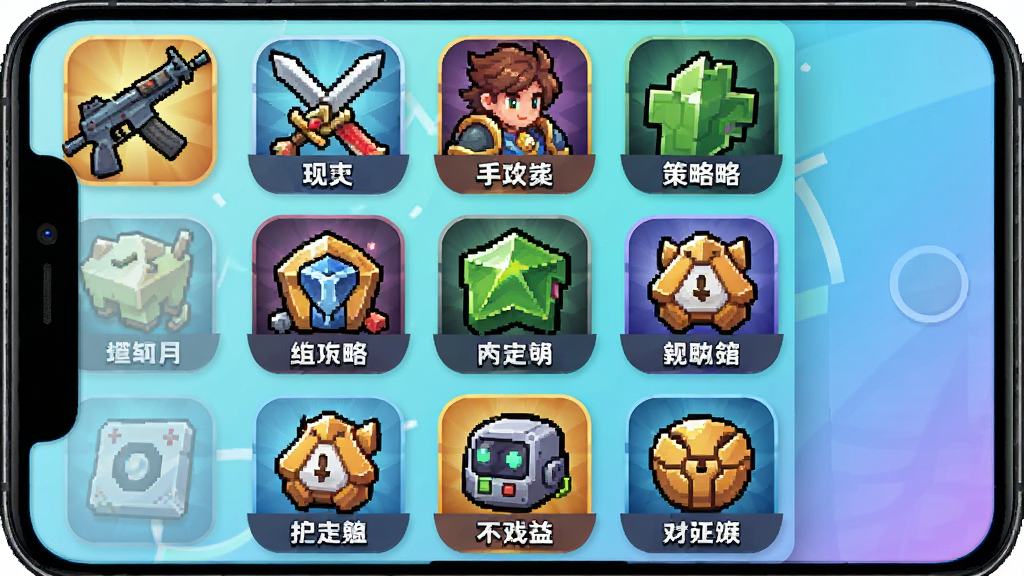 画面主体是多个游戏类型图标以网格状排列在手机屏幕中,包含射击、角色扮演、策略等品类标识;布局上手机居中,图标整齐分布;排版为九宫格分类导航样式;风格为活泼游戏风,色彩明快;细节包含各品类小图标与专区名称标签;画质高清,干净,无多余元素