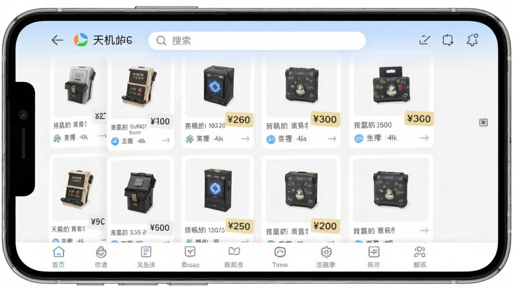 画面主体为天机通软件的商品聚合浏览界面,布局上采用网格状商品卡片排列在手机屏幕中央,排版为上下结构顶部搜索栏底部标签栏,风格为清新浅色系电商风,细节上每张卡片包含商品图与价格标签,画质高清干净无杂乱元素