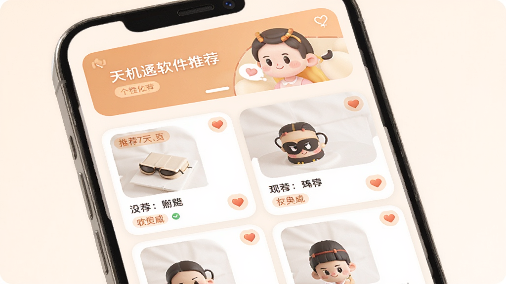 主体为天机通软件的个性化推荐页面,布局上手机界面内展示推荐商品瀑布流,排版为顶部横幅加下方双列卡片,风格为柔和圆角暖色调,细节上界面中带有推荐标签与心形收藏图标,画质细腻干净无多余装饰