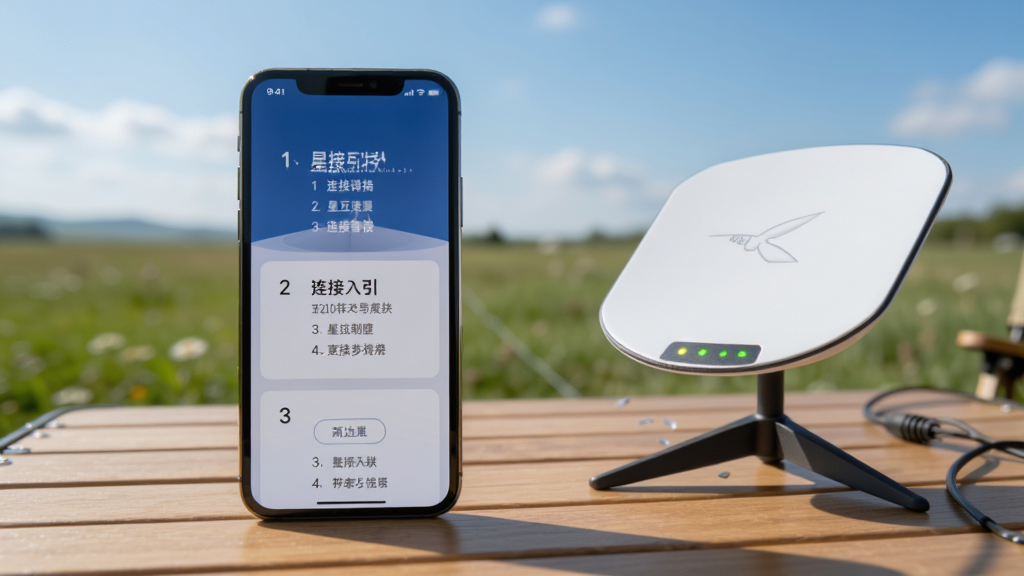 星链互联使用指南场景图,画面展示一部手机放置在户外桌面上,屏幕显示连接引导步骤界面,旁边有卫星接收终端设备,背景为开阔的户外草地与蓝天,布局为手机居中偏左、终端偏右,风格为写实摄影风格,细节包括手机屏幕上的中文步骤提示和终端上的指示灯,画质清晰干净,无多余元素