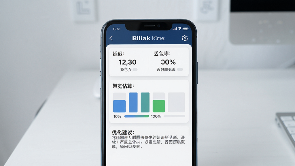 星链互联网络诊断工具界面展示图,画面为手机屏幕特写,屏幕上显示诊断结果面板,包含延迟数值、丢包率百分比和带宽估算条形图,面板下方有中文优化建议文字,手机放置在桌面上,背景为浅灰色简约风格,布局居中,细节包括屏幕上的图标和进度条,画质清晰干净,无多余元素