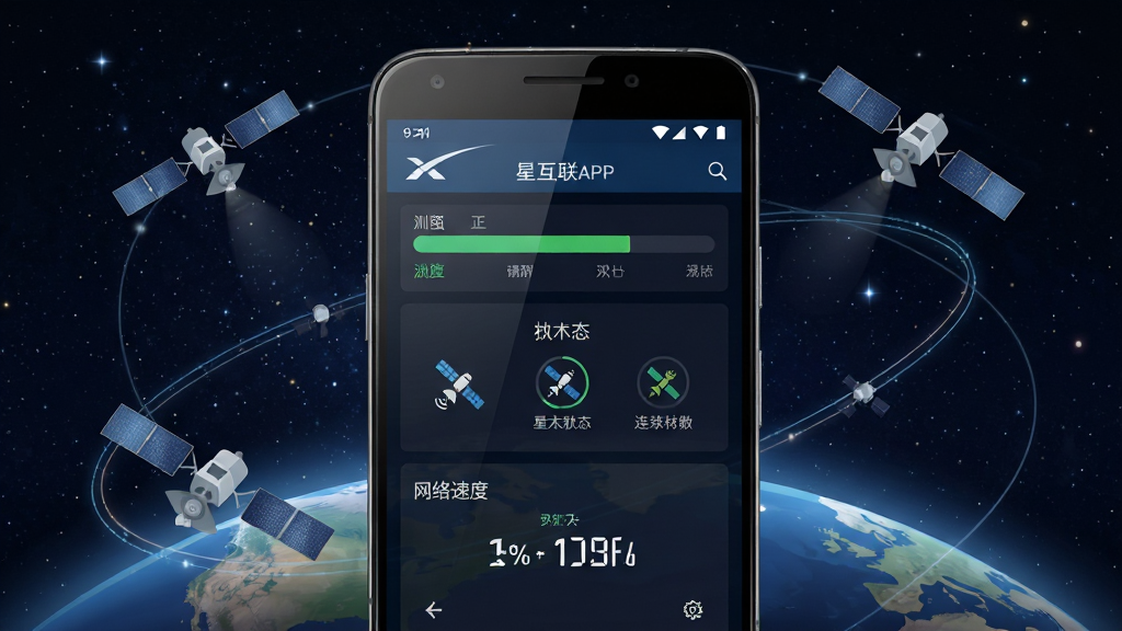 一幅展示星链互联软件主界面的场景图,画面中央是一部安卓手机,手机屏幕上显示星链互联APP的仪表盘界面,包含信号强度指示条、卫星连接状态图标和网络速度数值,手机背景是星空与低轨卫星环绕地球的科幻场景,整体布局居中对称,风格为科技感扁平化设计,细节包括手机边框反光和界面上的中文标签文字,画质清晰干净,无多余元素
