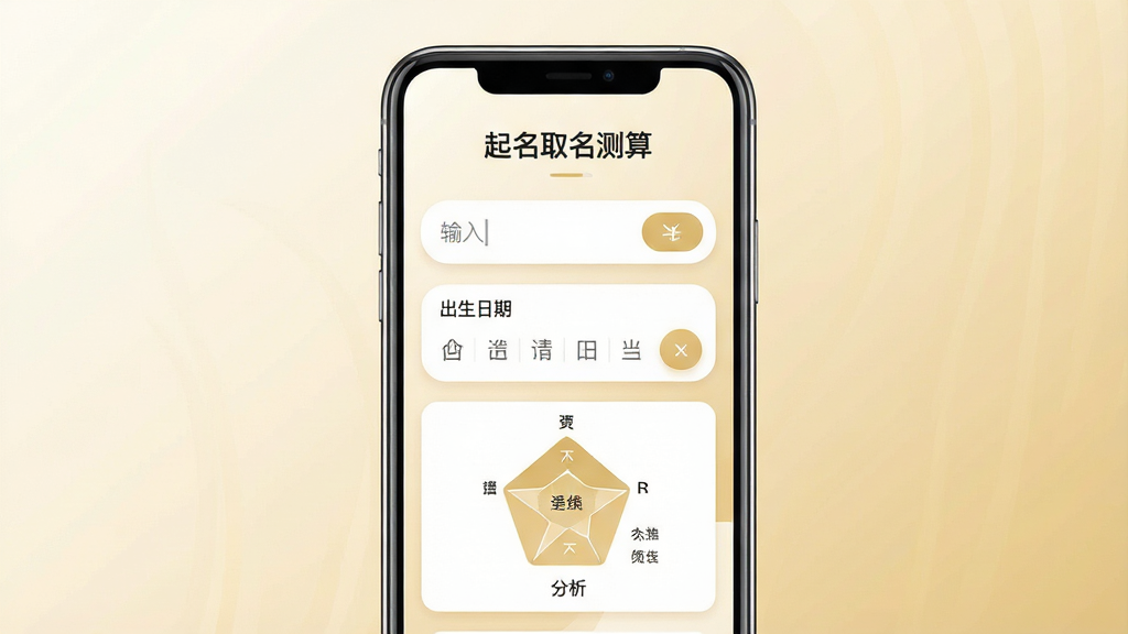 一张手机应用界面展示图,画面中央是一部竖屏智能手机,屏幕上显示“起名取名测算”软件的主界面,界面包含姓氏输入框、出生日期选择器和五行分析卡片,背景为淡雅的米白色与浅金色渐变,整体采用干净简洁的扁平化设计风格,细节上突出输入框与按钮的圆角处理,画质清晰,画面干净,无多余元素