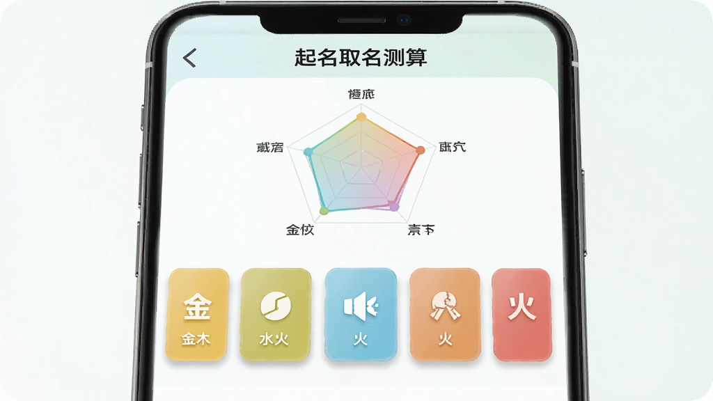 一张AI生成的界面示意图,主体是一部手机屏幕,屏幕上显示“起名取名测算”的八字五行分析页面,画面布局为上方是五行雷达图,下方是金木水火土五张彩色小卡片,风格为清新浅色系扁平设计,细节上雷达图线条柔和、卡片带轻微阴影,画质清晰,画面干净,无多余元素