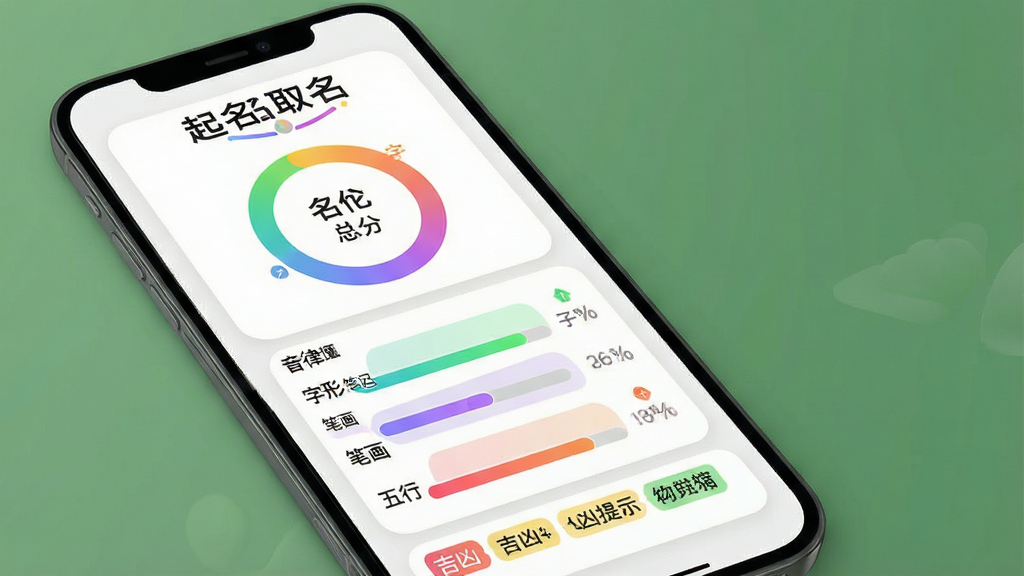 一张AI生成的手机界面图,画面主体为“起名取名测算”软件的名字评分详情页,布局为顶部显示名字大字与总分圆环,中部为音律、字形、笔画、五行四项评分条,底部为吉凶提示标签,风格为柔和圆角卡片式设计,细节上圆环带渐变色彩、评分条颜色区分明显,画质清晰,画面干净,无多余元素