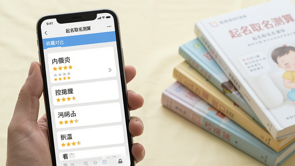 一张AI生成的场景图,画面主体是一只手拿着手机,手机屏幕上显示“起名取名测算”软件的收藏对比列表页面,布局为左侧手机屏幕、右侧是淡色背景与几本育儿书籍作为点缀,风格为生活化写实风,细节上手机界面清晰可见名字卡片与星级标记,画质清晰,画面干净,无多余元素