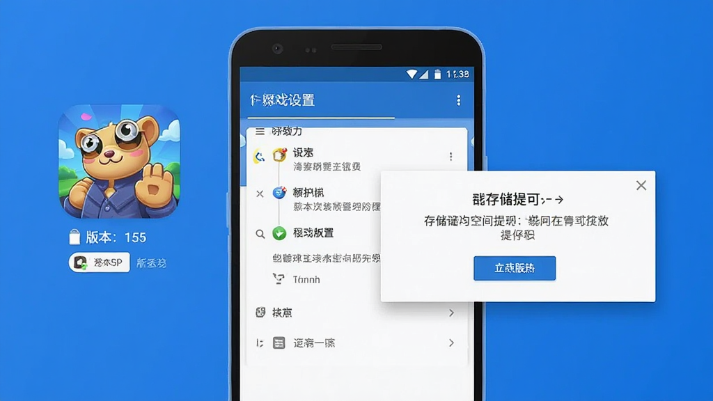 一张手机游戏安装设置示意图,画面展示安卓手机屏幕上的权限管理界面与存储空间提示弹窗,旁边配有游戏图标与版本信息标签,风格为扁平化科技风,布局清晰,配色以蓝白为主,细节简洁,画质干净,无多余元素