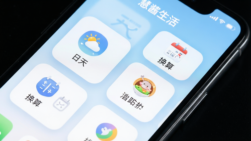 手机应用界面特写,画面中央为“慧酱生活”功能聚合页,多个圆角卡片整齐排列,分别标注天气、日历、换算等小工具图标,背景为淡蓝色渐变,界面风格清新,排版规整,画质干净清晰