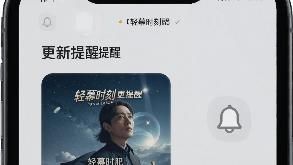 手机屏幕显示“轻幕时刻”剧集更新提醒界面,界面中有“更新提醒”文字与剧集封面,旁边有铃铛图标,布局简洁,背景为浅灰色,风格素雅,细节清晰,画质干净,无多余装饰元素
