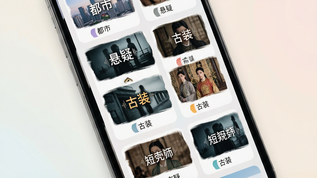 手机界面平铺展示多个短剧分类卡片,卡片上标注“都市”“悬疑”“古装”等文字标签,卡片排列整齐,背景为柔和浅色,风格清新简洁,画面干净,画质清晰,突出分类导航的直观性