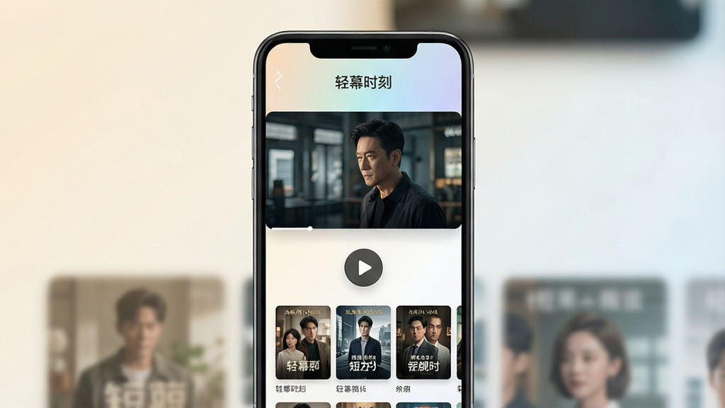画面中央展示一部智能手机,手机屏幕内呈现竖屏短剧播放界面,界面顶部有“轻幕时刻”文字标识,屏幕下方排列多张剧集封面缩略图,整体布局简洁清晰,背景为浅色渐变,风格现代清爽,细节上突出播放按钮与剧集列表,画质高清,干净无多余元素