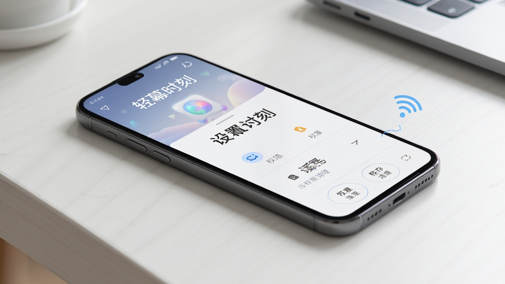 一部手机放置在桌面上,屏幕显示“轻幕时刻”播放界面,旁边有WiFi图标与缓存清理按钮示意,画面布局左右分栏,风格简约商务,细节突出设置与权限选项,画质高清,干净整洁