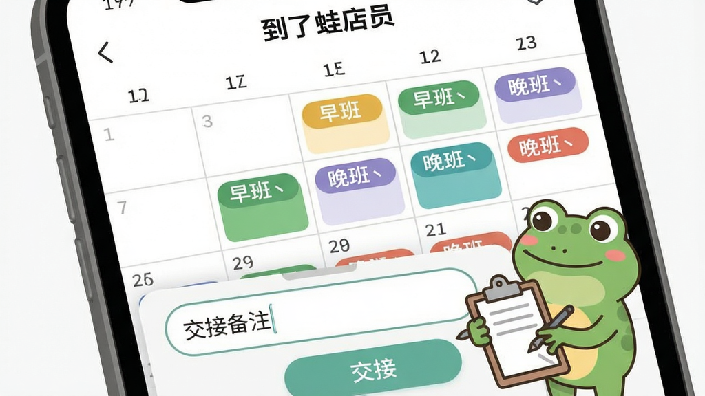 手机屏幕特写,显示“到了蛙店员”排班日历界面,日期格子内有早班、晚班彩色标签,屏幕下方弹出交接备注输入框,旁边有一只卡通青蛙用夹板记录;布局为居中特写,风格为清爽扁平插画,细节包括日历网格、彩色班次块、圆角按钮;画质清晰,干净,无多余元素